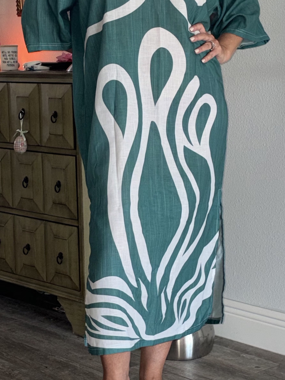 Green & White Printed Swim Coverup Kaftan